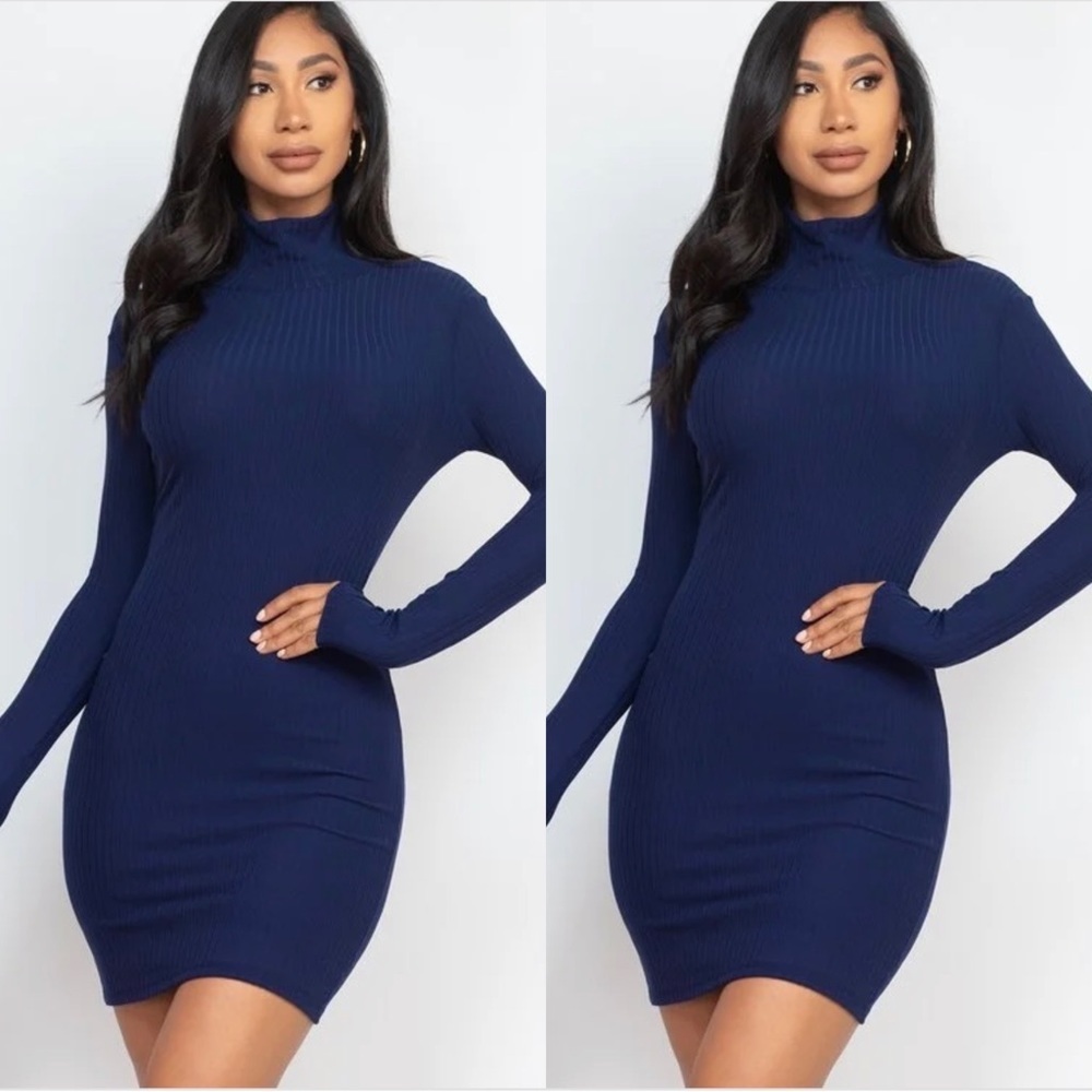 WOMEN’S NAVY BLUE LONG SLEEVE RIBBED MOCK NECK BODYCON MINI DRESS- 2X RESTOCKED!